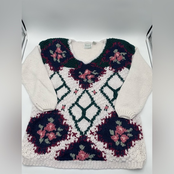 Vtg Shenanigans Sz Medium Hand Knitted Floral Sweater Cottage Grandma 80s 90s - Picture 10 of 14